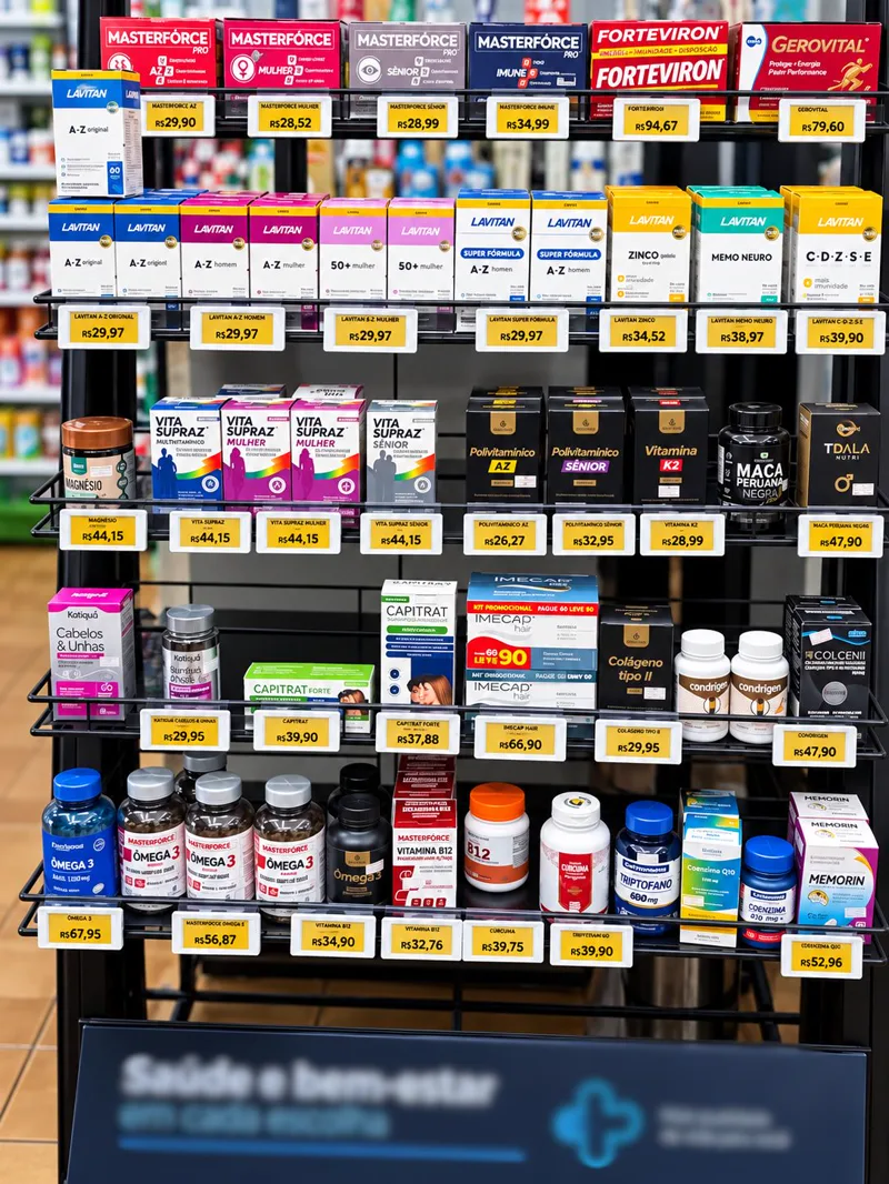 Prateleira de vitaminas e suplementos com etiquetas eletrônicas de preço em uso
